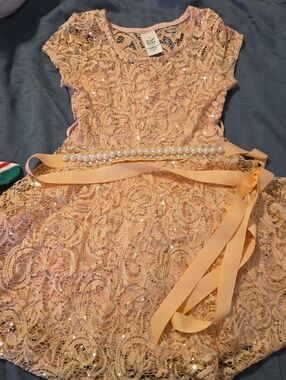 Girls Peach Lace Sequin Party Dress with Pearl Belt